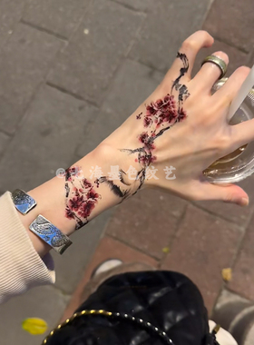 梅花仙鹤手背彩色纹身贴防水持久