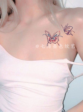 紫色简约线条蝴蝶纹身贴防水持久