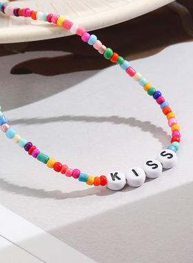 欧美项链跨境热卖夏季字母项饰 女士彩色米珠串珠祝福语字母项链