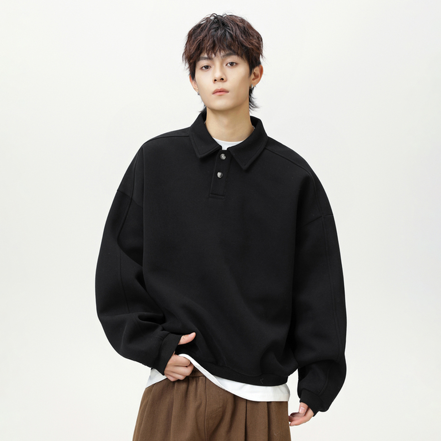 ROBINHOOD/罗宾汉重磅质感翻领卫衣男秋季廓形复古轻奢老钱长袖 - 图1