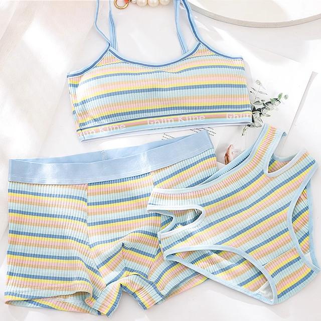 Couple sports strapless three-piece set dopamine stripes sweet Japanese underwear with chest pad bra panties set