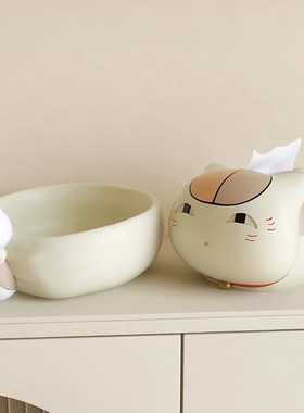 客厅电视柜桌面玄关纸巾盒钥匙收纳装饰品抽纸盒娘口三三猫咪摆件