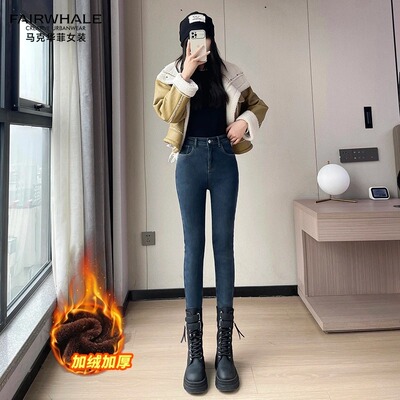 马克华菲加绒新款九版高腰牛仔裤