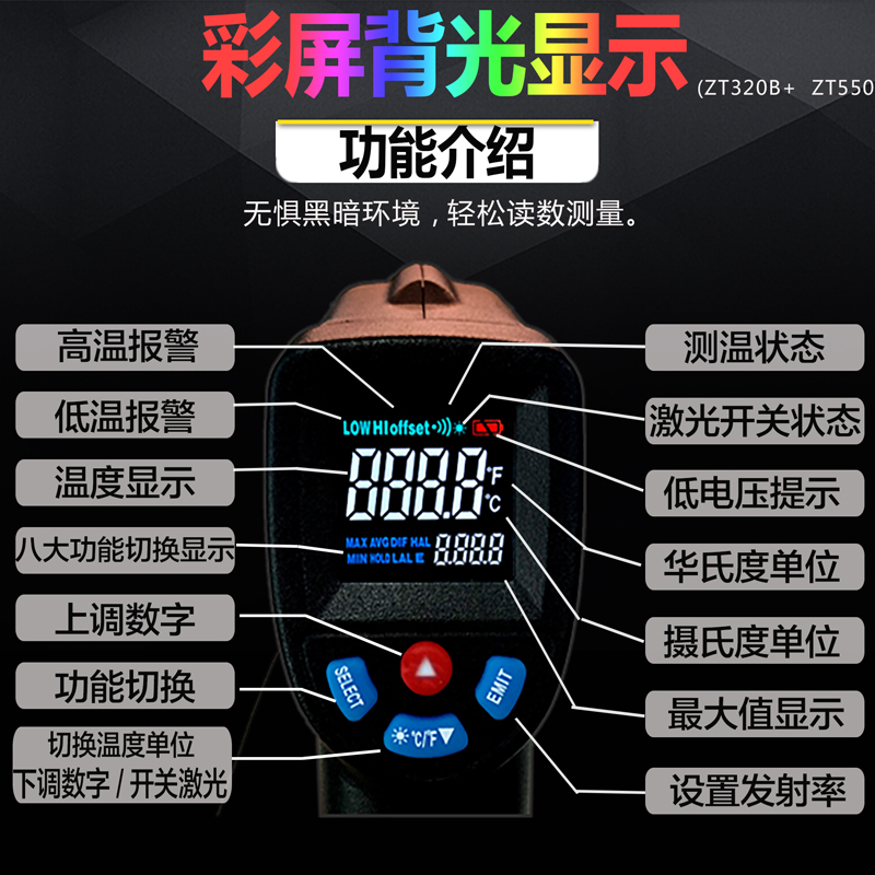 众仪红外测温仪工业高精度彩屏智能测温J枪可调节维修电工油温厨 - 图1