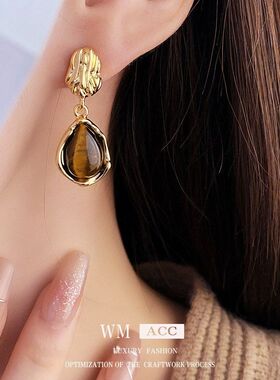 真金耳环复古中古虎眼石电镀耳饰