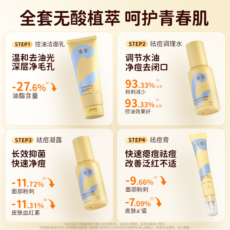 椿草净澈控油祛痘护肤套装补水保湿水乳霜洁面青少年专研学生男女