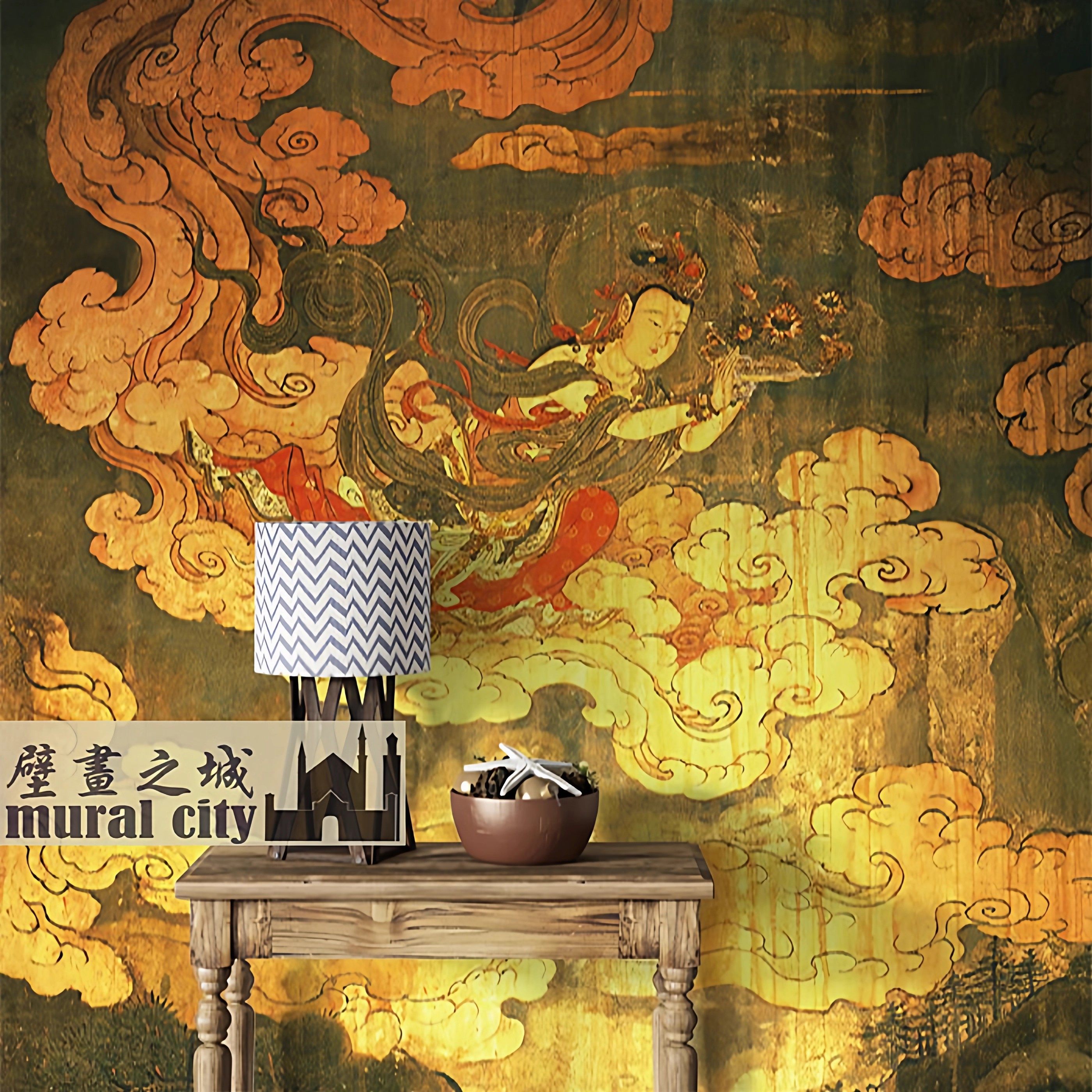 敦煌飞天仕女壁画西域墙纸莫高窟墙布摄影拍照背景布菩萨佛堂壁纸,淘宝优惠券,粉丝福利购,淘宝优惠卷