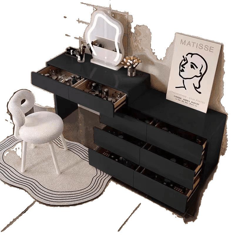 奶油风梳妆台黑色化妆台斗柜一体梳妆台化妆镜卧室梳妆台梳妆凳 - 图3