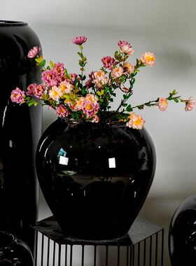 亮黑釉陶瓷落地大花瓶客厅插花陶罐酒店大型绿植装饰花盆花盆摆件