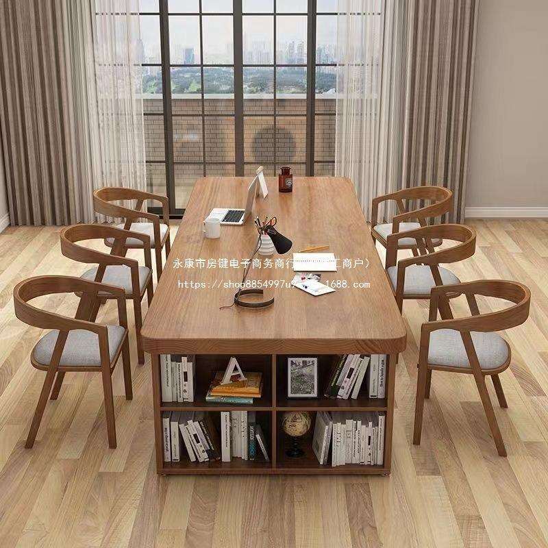 创意客厅实木大书桌书架一体家用长条桌子青少年学习桌双人写字台 - 图3