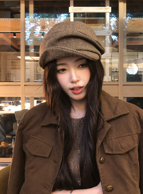 【猫仔kitten】条纹百搭休闲弯檐帽子秋冬贝雷帽时尚复古画家帽女