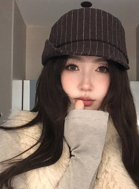 【猫仔kitten】复古时尚弯檐条纹报童帽潮流高颜值帽子优雅贝雷帽