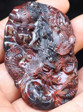 天然42*65*8mm 28g玉石挂件桂林鸡血玉石 乾坤料黑底红男士龙牌