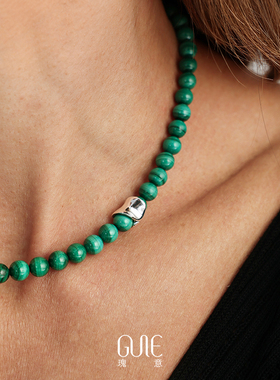 瑰意孔雀石925银串珠项链2025新款时尚女小众高级感百搭锁骨链