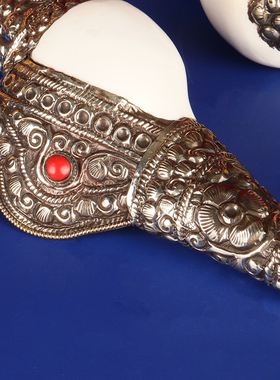 新品尼泊尔进口手工包铜边u海螺自然右旋海螺家居装饰摆件镶嵌松