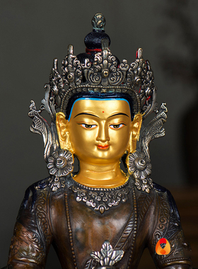 新品《长寿佛》i家用居家铜像摆件尼泊尔铜雕花镀银12寸双座