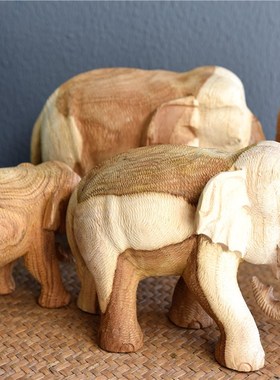 泰国柚木雕刻大象摆件桌面东南风家里客厅餐厅装饰品工艺品实木制