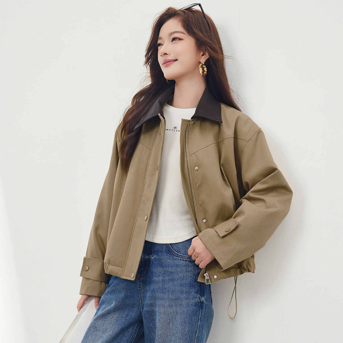 Smen诗萌简约现代风翻领加棉短外套女2026短款卡其色休闲外套时尚,淘宝优惠券,粉丝福利购,淘宝优惠卷