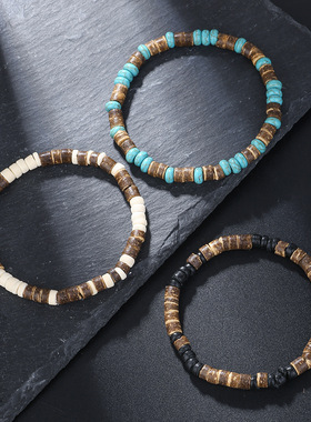 简约松石木珠手链男潮流时尚百搭高级感串珠椰壳手串男士饰品