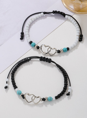 编织情侣黑白松石米珠手链套装闺蜜姐妹情侣学生爱心卡装脚链手链