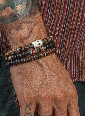 亚马逊热销手工串珠骷髅头手链男士复古风松石木珠椰壳手串女
