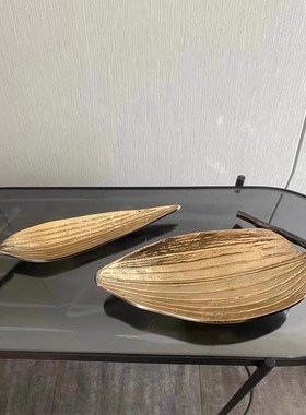 进口铝制金色树叶状收纳果盘摆件现代新中式样板间客厅茶几装饰品