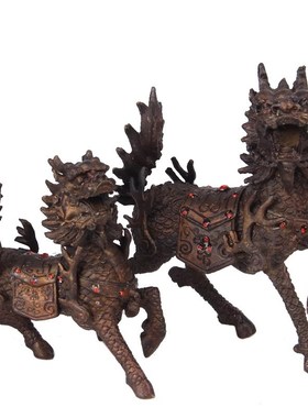 铜麒麟摆件镇宅一对公母紫铜威武家居客厅高端桌面装饰招财吉祥物