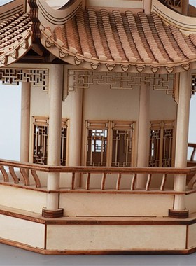 新中式创意木制古建筑八角亭摆件客厅茶几电视柜玄关家居装饰品