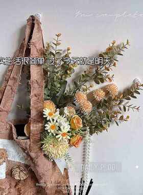 复古秋色尤加利玫瑰干花束仿真花假花墙壁装饰婚礼椅背花门楣花