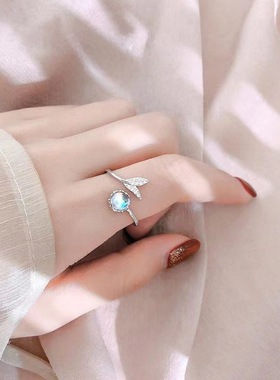 鱼尾指环甜美ins极光月光石食指戒美人鱼森系人鱼泡沫戒指女