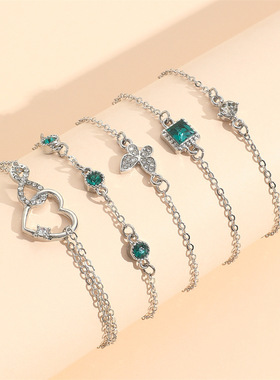 跨境新款欧美手链ins复古镶绿钻方形手链镶钻蝴蝶爱心手链5件套