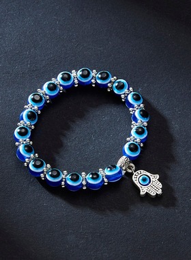 欧美经典蓝色邪恶眼睛棕榈圆玻璃珠手镯许愿弹性绳链手镯的时尚