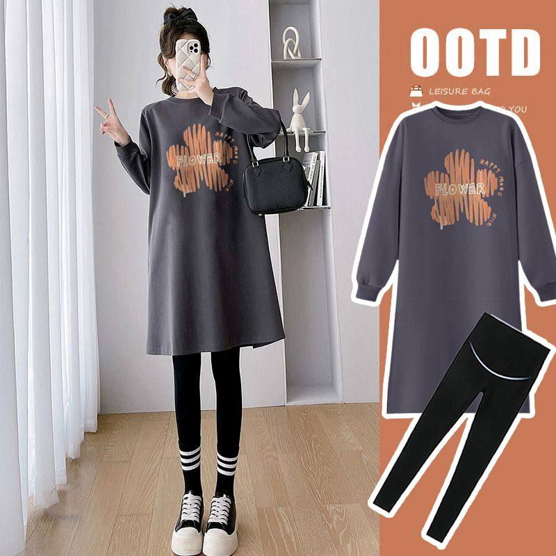 孕妇春秋装圆领纯棉连衣裙韩版宽松遮肚不显怀中长款卫衣裙两件套,淘宝优惠券,粉丝福利购,淘宝优惠卷