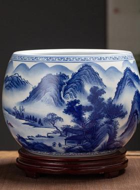 景德镇陶瓷器手绘青花瓷聚宝盆客厅玄关桌面中式装饰摆件招财鱼缸