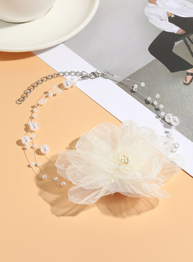 欧美跨境饰品手工网纱花朵choker颈链新款山茶花朵珍珠项链锁骨链