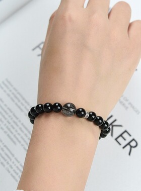 天然黑曜石手链男手串女黑发晶