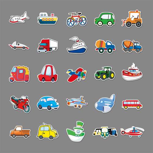 50张交通工具涂鸦个性跨境儿童奖励咕卡DIY手机行李箱贴纸防水 - 图1
