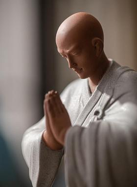 新中式紫砂小和尚摆件禅意陶瓷人物小沙弥客厅桌面装饰品鱼缸造景