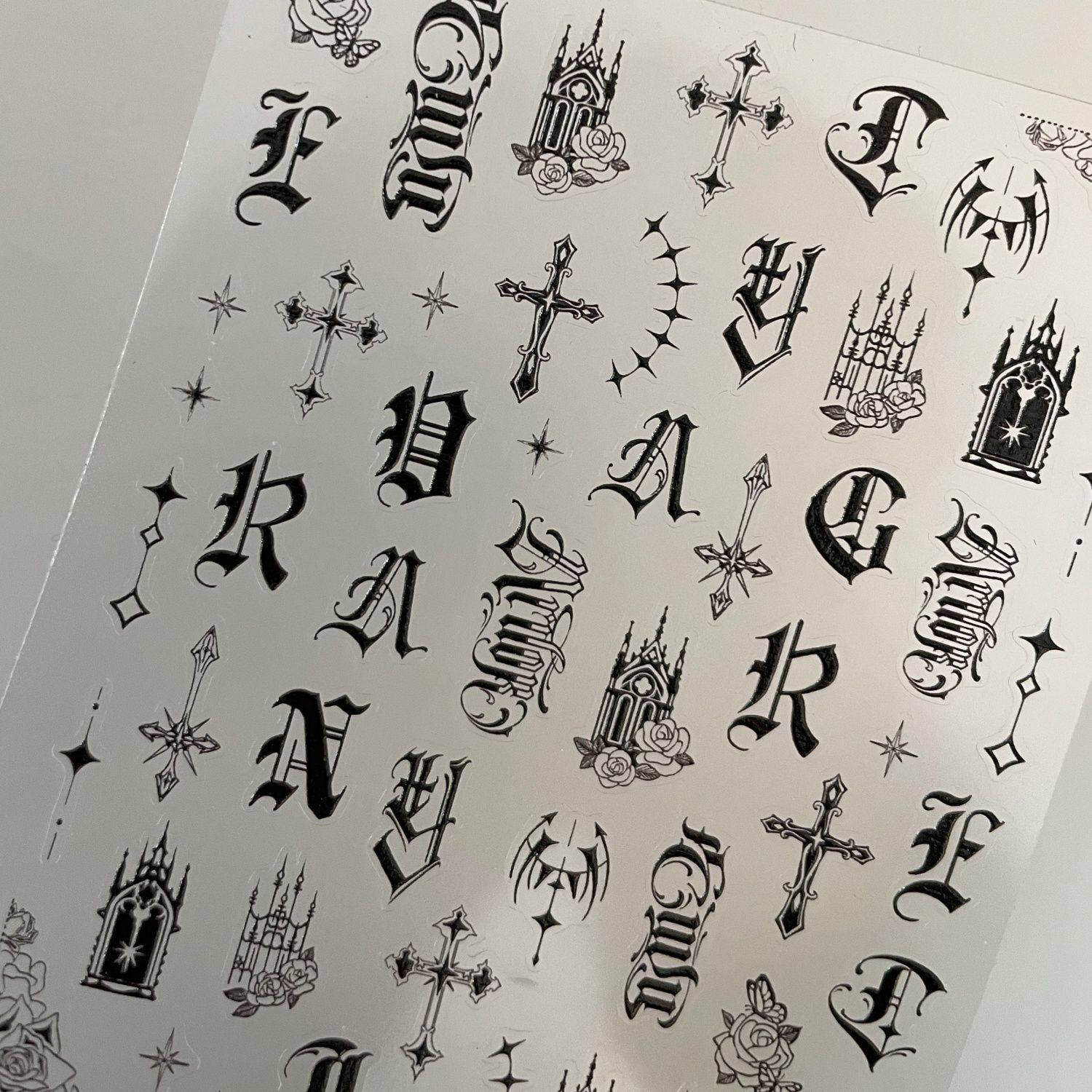 新款复古欧美哥特字母薄韧美甲贴纸暗黑辣妹十字架小众diy指甲贴,淘宝优惠券,粉丝福利购,淘宝优惠卷