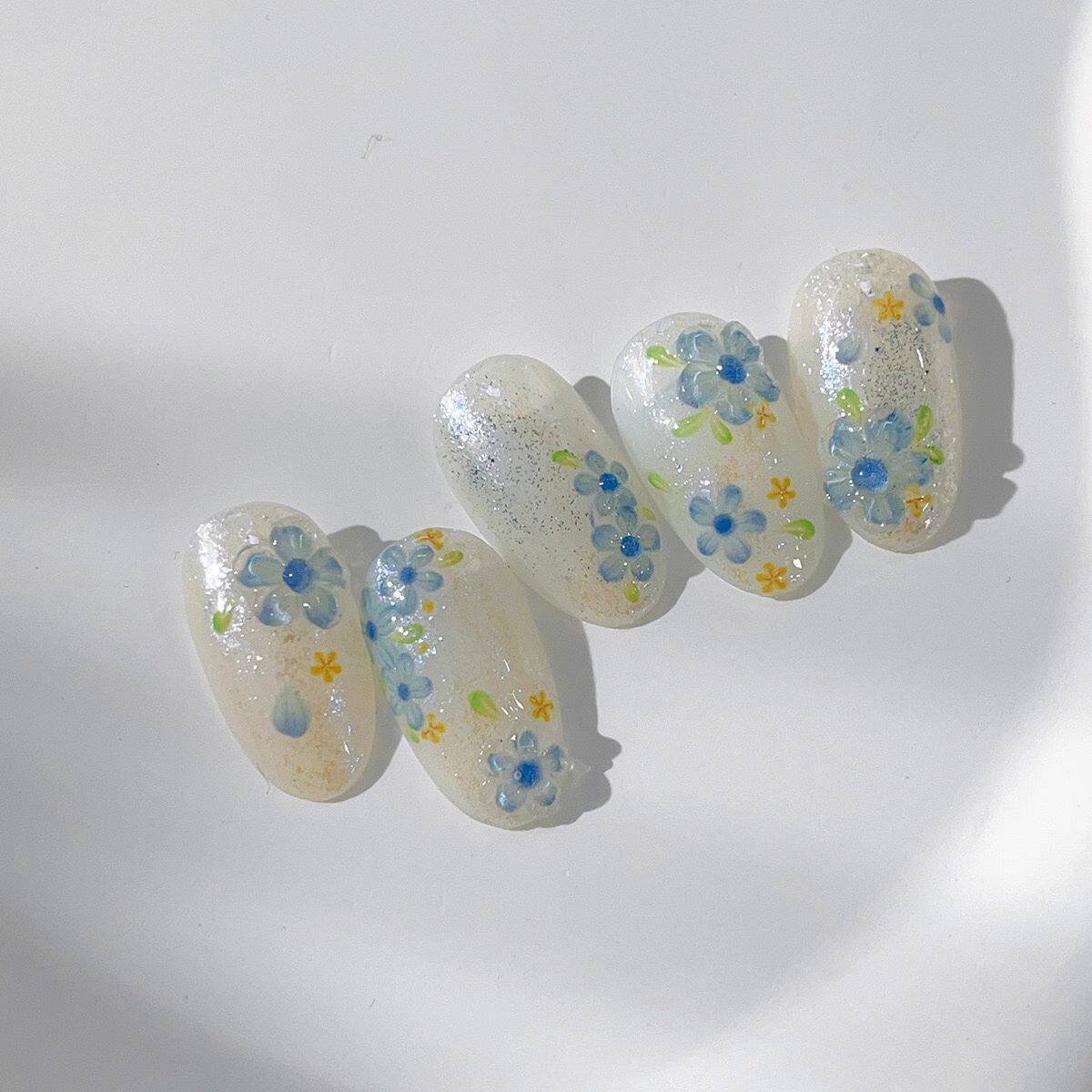 夏日蓝色小花美甲贴纸小红书爆款高级感小清新立体浮雕指甲装饰品,淘宝优惠券,粉丝福利购,淘宝优惠卷