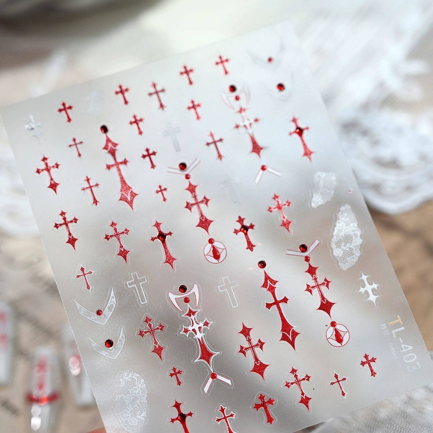 2025新款暗黑克罗十字架蕾丝美甲贴纸辣妹diy甜酷指甲高级装饰贴,淘宝优惠券,粉丝福利购,淘宝优惠卷