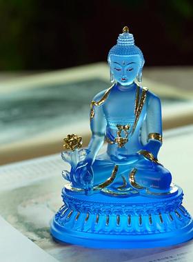琉璃药师佛摆件居家供奉客厅家用佛具镇宅莲花底座琉璃光如来佛像