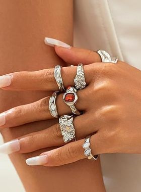 欧美风尚小众复古彩色树脂气质多色戒指套装女款时尚指环四季百搭