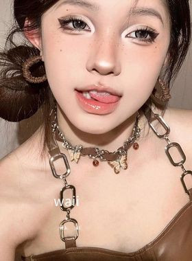 美拉德重工蝴蝶项链女朋克甜酷辣妹choker颈链复古锁骨链皮革
