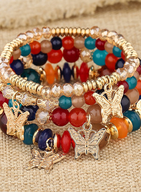 彩色黑色女士首饰新款波西米亚多层水晶手链珠串蝴蝶吊坠烤漆手链