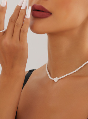 欧美跨境饰品 波西米亚白色小号米珠串珠项饰 爱心贝母吊坠项链女