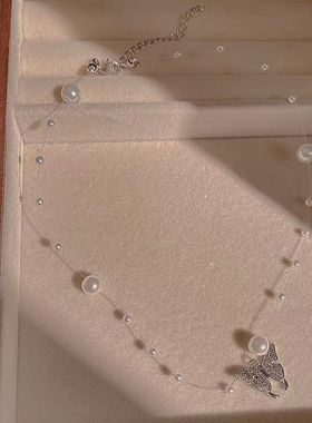 蝴蝶珍珠项链女轻奢小众2024爆款网红吊坠在逃公主简约锁骨链