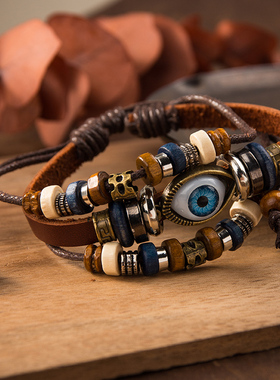 新品异域民族风个性复古串珠手镯可调节男L女情侣潮流真皮网红手