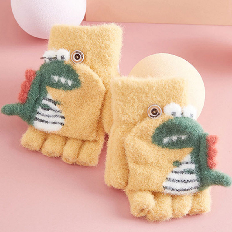 儿童保暖手套冬 卡通可爱蓝色恐龙小学生翻盖针织半指手套L1,淘宝优惠券,粉丝福利购,淘宝优惠卷