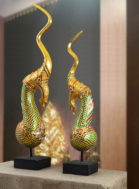 极速东南亚风格h泰式会所酒店客厅装饰摆件金箔实木质龙角禅意落